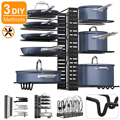 Pot Rack Organizers, G-TING 8+ Pan Rack Pot Lid Holders, Adjustable Heavy duty Pots & Pans Organizer for Kitchen Countertop and Cabinet, Pots and Pans Lid Organizer With 3 DIY Methods(Newest Upgrade)