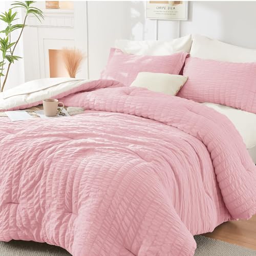 HYMOKEGE Pink/ivory King Size Comforter Set Seersucker