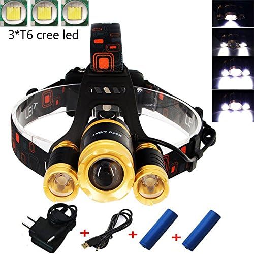 LED Headlamp,5000 Lumens Waterproof Zoomable Rechargeable Headlight Flashlight Torch for Camping Hunting Fishing Running Hiking Walking Reading (Golden)