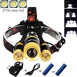 LED Headlamp,5000 Lumens Waterproof Zoomable Rechargeable Headlight Flashlight Torch for Camping Hunting Fishing Running Hiking Walking Reading (Golden)