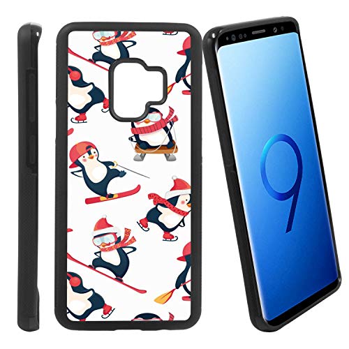 [Cute Pattern with Skateing Penguins] Compatible with Samsung Galaxy S9/ G960U/G960W, Non-Slip Soft Rubber Side & Hard Back Case Cover Shell Skin