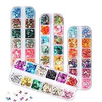 48 Boxes Holographic Nail Sequins, FITDON Shell Round Star Leaf Butterfly Iridescent Flake Nail Glitter, Colorful Confetti Sticker Manicure Nail Art Supplies Make Up DIY Decals Decoration