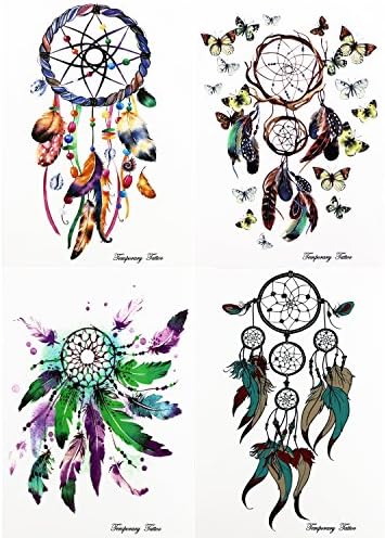 GIFT!!Tastto 4 Sheets Bright Colorful Dreamcatcher &amp; Feathers Temporary Tattoos Body Paints Stickers Set for Girls and Women with GIFT