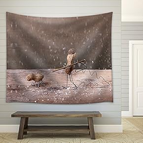 Miniature with Peanut People in The Forest to Fell a Christmas Tree - Fabric Wall Tapestry Home Decor - 51x60 inches