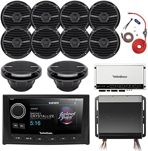 Rockford Fosgate Hide Away AM/FM Receiver, 5" Display Head Unit, 4x 6.5" 300W Marine Black 4-Ohm Speakers, Class-D 5-Channel 600W Amplifier, 8 AWG Power Only Amp Install Kit, 8" 300W White Subwoofer
