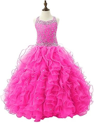 Kirmoo Girls' Crystal Body Straps Layered Ball Gown Ruffles Pageant Dresses (Hot Pink, Size 8)