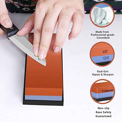 Whetstone Knife Sharpening Stone, 2-Sided 400/1000 Grit Knife Sharpener, Trilancer Japanese Style Waterstone Kit, Angle Guide and Rubber Base Included - Thumbnail 3