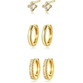 3 Pairs Huggie Hoop Earring Set 18K Gold Plated Cubic Zirconia Cartilage Earrings, Multi Piercings Ear Jacket Earring Climber Stud Earring for Women Everyday Earrings