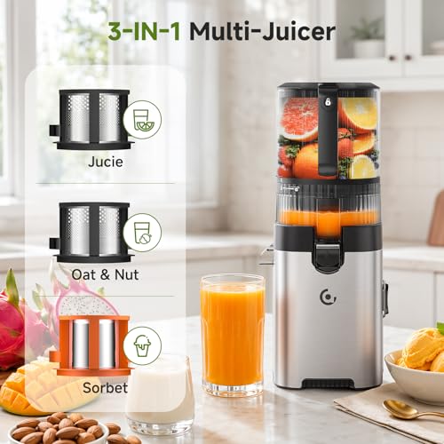 AMZCHEF Cold-Press-Juicer-Machines, 165MM Large Feed Chute, 600W DC Motor, Slow Masticating Juicer with Pre-Cut Blade, 2 Strainers for Juice, Nut Milk & Sorbet, High Juice Yield, Easy to Clean