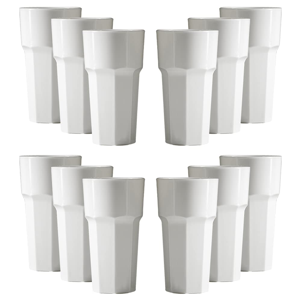 Set of Unbreakable Reusable Polycarbonate Plastic White Octagon Shaped 12 OZ Tumblers. (340ml/ 12oz to Rim Height 14.4cm, Max Diameter 7.9cm) Realistic Alternative to Real Glass (12)