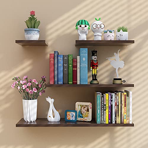 Floating Shelves, Multifunctional Set of 4 Wooden Wall Shelves, Hanging Rustic Shelves for Bathroom/Bedroom/Living Room/Kitchen/Study (Coffee)