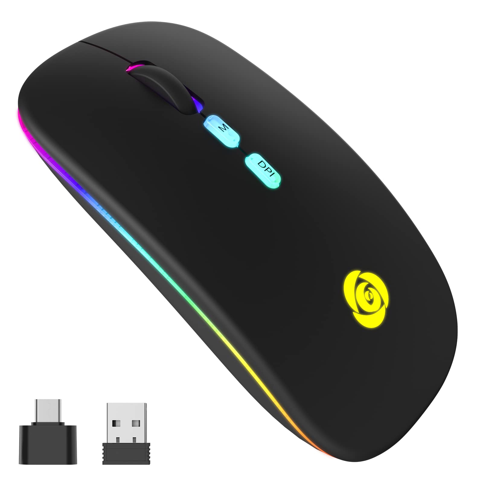 Photo 1 of CC Store LED Wireless Bluetooth Mouse &2.4GHz Instant Connection,Rechargeable Ultra Silent Slim,3 Adjustable DPI 2 Connection Modes with USB-C to USB Adapter for Laptop/MacBook/PC/Tablet/iPad (Black)