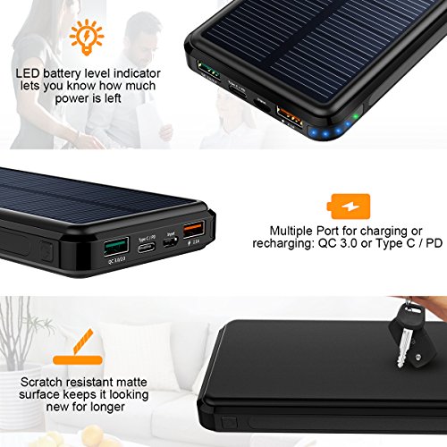 Solar Charger,24000mAh Solar Power Bank with QC 3.0 and Type C/PD input&output,Portable charger for Nintendo Switch,MacBook,Type C Laptop,Tablet,iPad,iPhone and Android phone by Dizaul