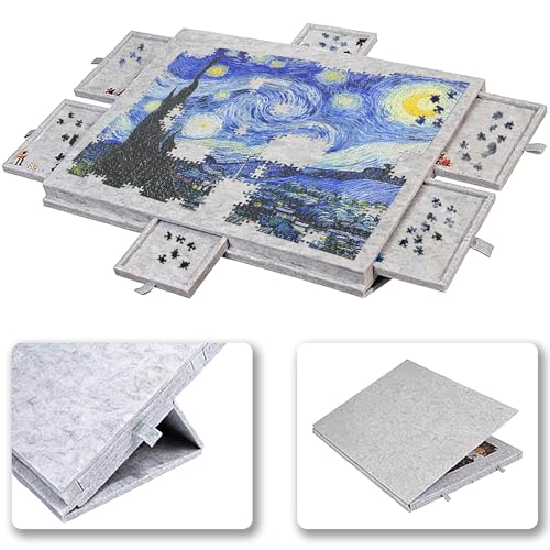 TTMXI Tablero para Rompecabezas 1500 Piezas, Mesa Plegable con 6 Cajones Organizadores, Puzzle Board Inclinable, Base Porta Rompecabezas 77x53.6 cm