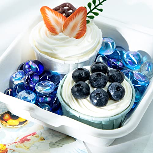 JOHOUSE 120PCS Flat Glass Marbles, Iridescent Glass Beads Dazzling Glass Pebbles Blue Mixed Aqarium Gems for Vase Filler Home Decor DIY Craft