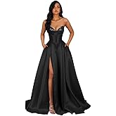 AKMESXAY Strapless Sequin Prom Dresses Long with Slit Corset Satin Formal Party Dress AS015