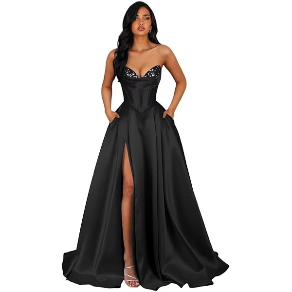 black beautiful prom dresses Glamorous Black Off-Shoulder Sequin Lace Prom Dress with High Slit 22206 main image 1