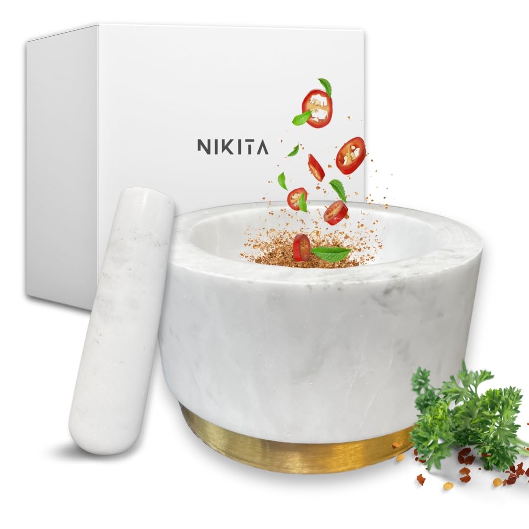 NIKITA White Marble Pestle and Mortar Set - Large Mortar and Pestle Set for Herb and Spice Crusher Kitchen Set - Heavy and Durable Stone Pestle and Mortar - Gold