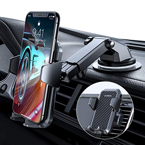 VANMASS Car Phone Mount, Dashboard Windshield Air Vent Cell Phone Holder for Car with Telescopic Arm & Dashboard Pad, Strong Sticky Suction, One Button Release Car Cradle, Compatible iPhone Samsung