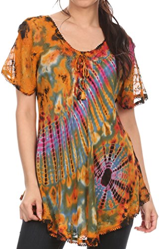 Sakkas 16787 - Splenka Long Tie Dye Embroidered Corset Neck Cap Sleeve Blouse Shirt Top - Multicolored - OS