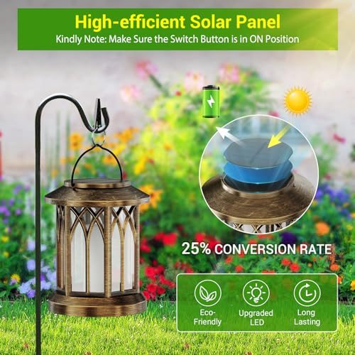 GEARLITE Garden Solar Lights for Outdoor Hanging, 2 Pieces Solar Lanterns for Outdoor Use with Realistic Flame Effects, IP65 Waterproof Solar Lights, Garden Decoration with Clips for Outdoor Yard (2, Bonze)