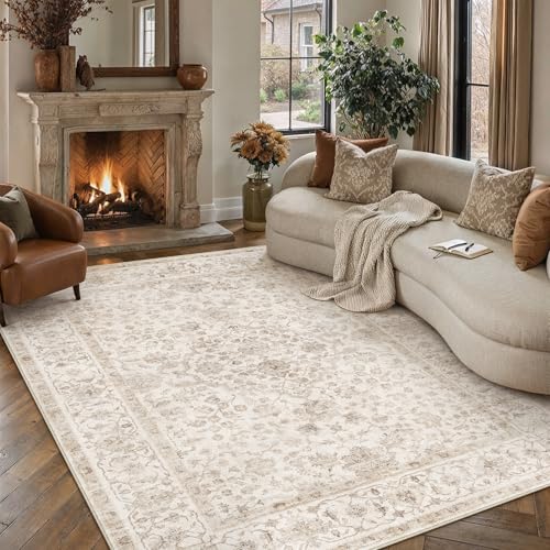 PureCozy Vintage Rugs Living Room 200x300cm Beige Area Rug Machine Washable Non Slip Kids Bedroom Large Carpet Bedside Nursery Lounge Office Playroom Low Pile Carpets