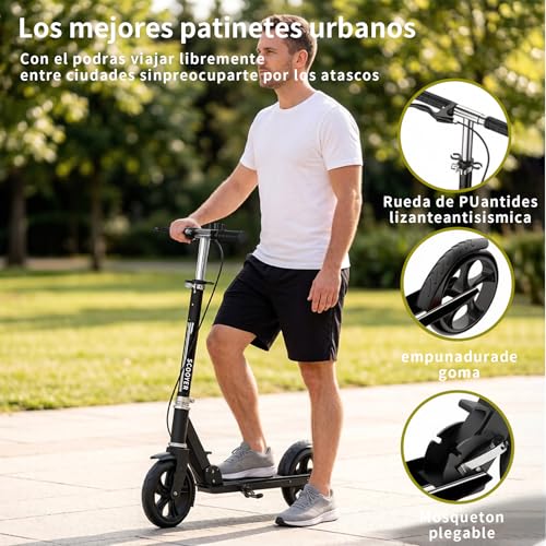 Scooter para Niños de 8 a 12 Años, Adolescentes y Adultos, Scooter Plegable con Campana, Freno de Mano y Altura Ajustable, Capacidad de Peso de 150KG, Perfecto para La escuela, Campus, Paseos