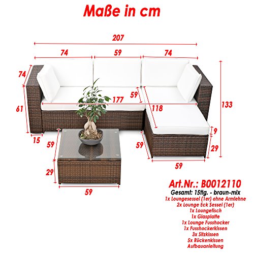 XINRO erweiterbares 15tlg. Balkon Polyrattan Lounge Ecke - braun - Sitzgruppe Garnitur Gartenmöbel Lounge Möbel Set aus Polyrattan - inkl. Lounge Sessel + Ecke + Hocker + Tisch + Kissen – Bild 4