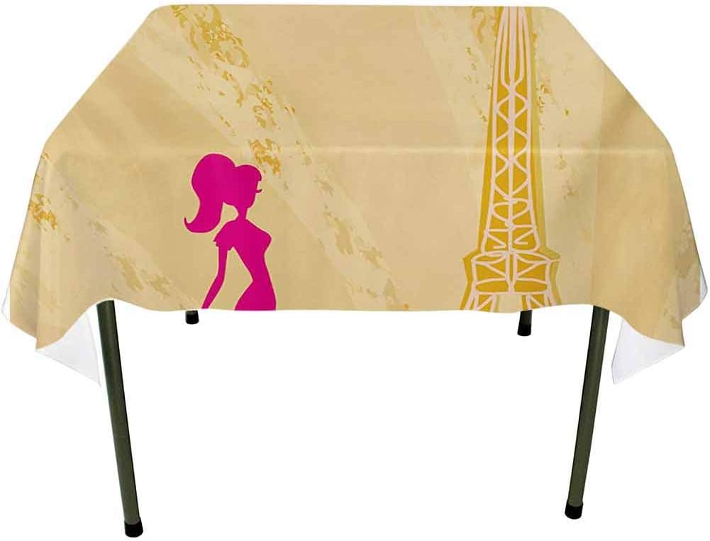 Square tablecloth 36 x 36 Inch Multiple colors to choose from Pink Silhouette of A Girl with the Dog Eiffel Tower in Paris Design Apricot and Hot Pink Decoration for dining tables,buffet parties and c