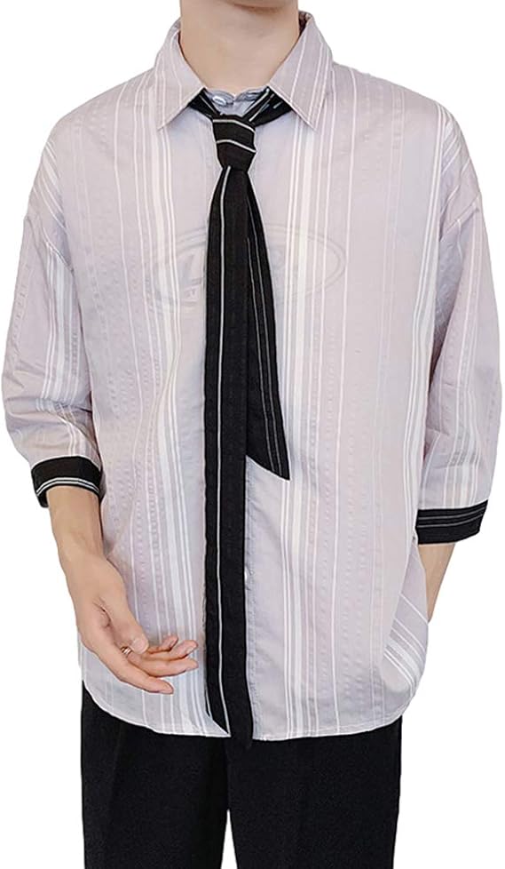 Amazon Yacoresya メンズ シャツ 大きいサイズ 七分袖 ストライプ柄 ネクタイ付き 春 秋 亜麻 軽い 柔らかい ゆったり オーバーサイズ ビッグシルエット カジュアル シャツ 通販