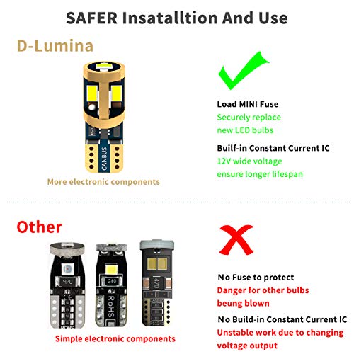 D-Lumina 194 LED Bulb White Canbus Error Free 9-SMD 4020 Chipsets 168 175 W5W 2825 T10 Sockets Interior Bulbs Fits Car Dome Map Door Courtesy License Plate Trunk lights,4-Pack