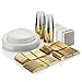​225 Piece Gold ​Disposable ​Dinnerware Set​ ​| Plastic Tableware for 25 Guests​ | ​50 Gold Rim Plastic Plates​, ​​25 Gold ​Rimmed ​Plastic Cups​, ​​25 Gold Plastic Silverware​​ Sets, 50 Paper Napkins