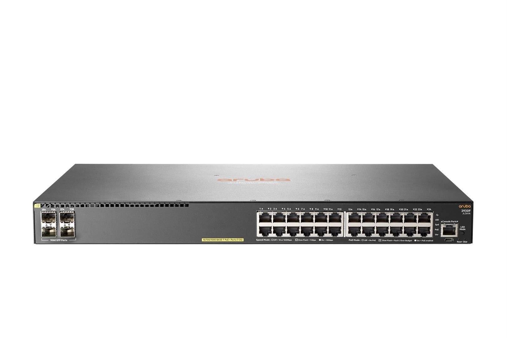 HPE Aruba 2930F 24G PoE + 4SFP - Switch - C3 - Managed - 24 x 10/100/1000 (PoE +) + 4 x Gigabit SFP (uplink) - Rack mountable - PoE + (370 W), gray