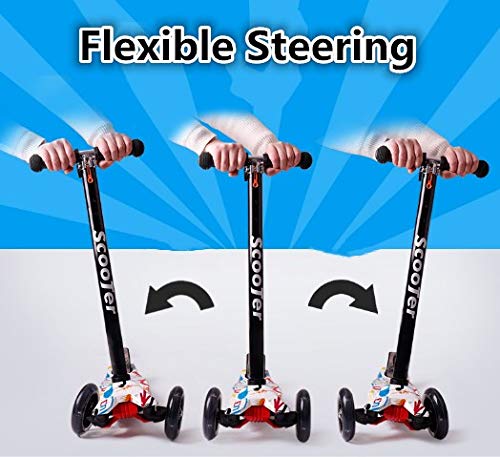 Jipemtra Scooters for Kids 3 Wheel T-bar Adjustable, Riding Kick Scooters for Kids Height Adjustable LED PU Flashing Foldable with Gorgeous Graffiti for Kids (Colorful)