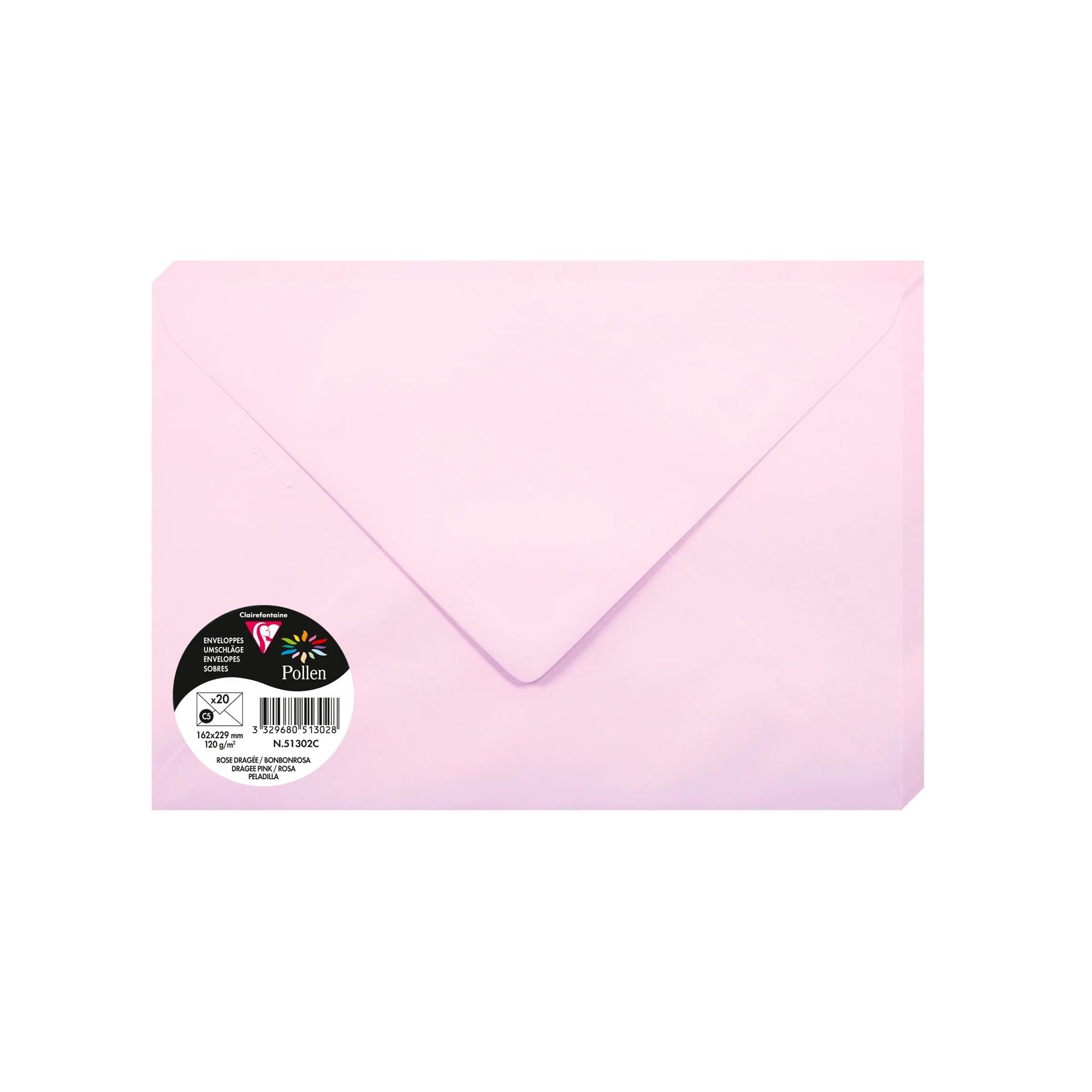 Clairefontaine 51302C Pack of 20 Gummed Envelopes Format C5 (16,2x22,9cm) 120gsm Dragée Pink Invitation Events Correspondence Pollen Range Premium Paper