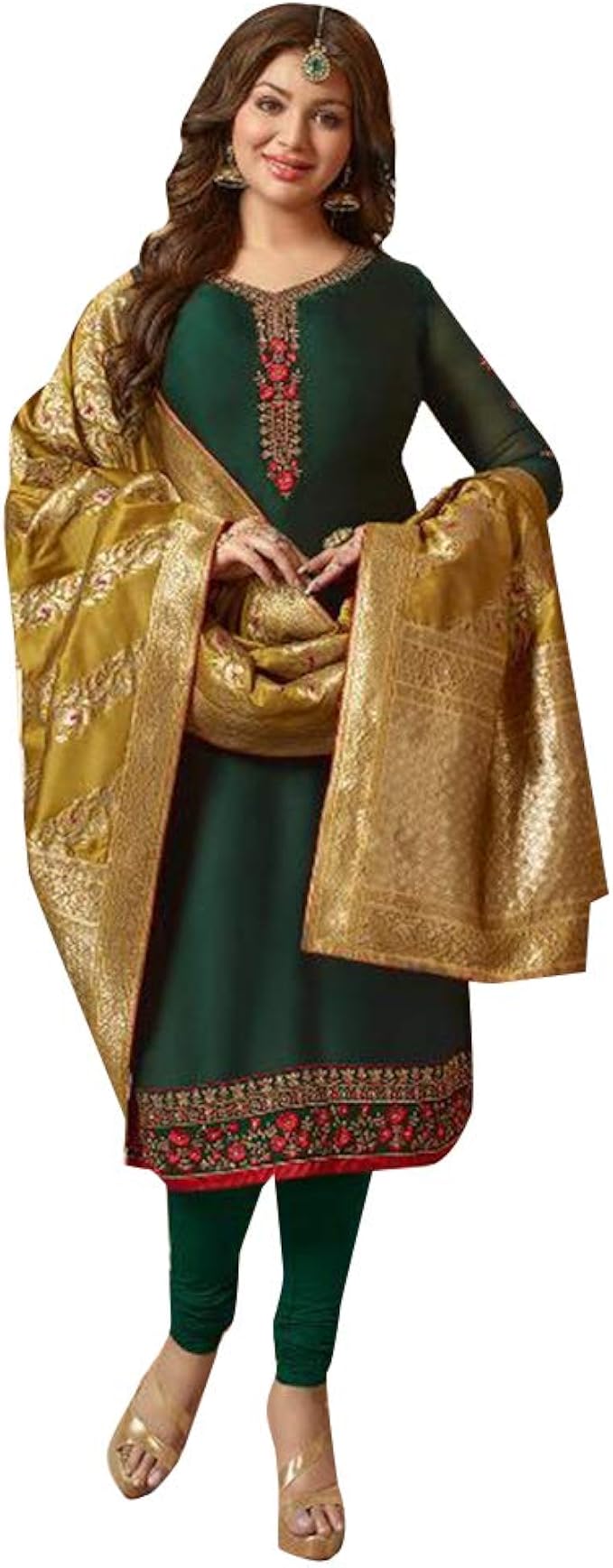 ETHNIC EMPORIUM womens Bottle Green Georgette Banarasi Dupatta Muslim Eid Ramazan Salwar Kameez 