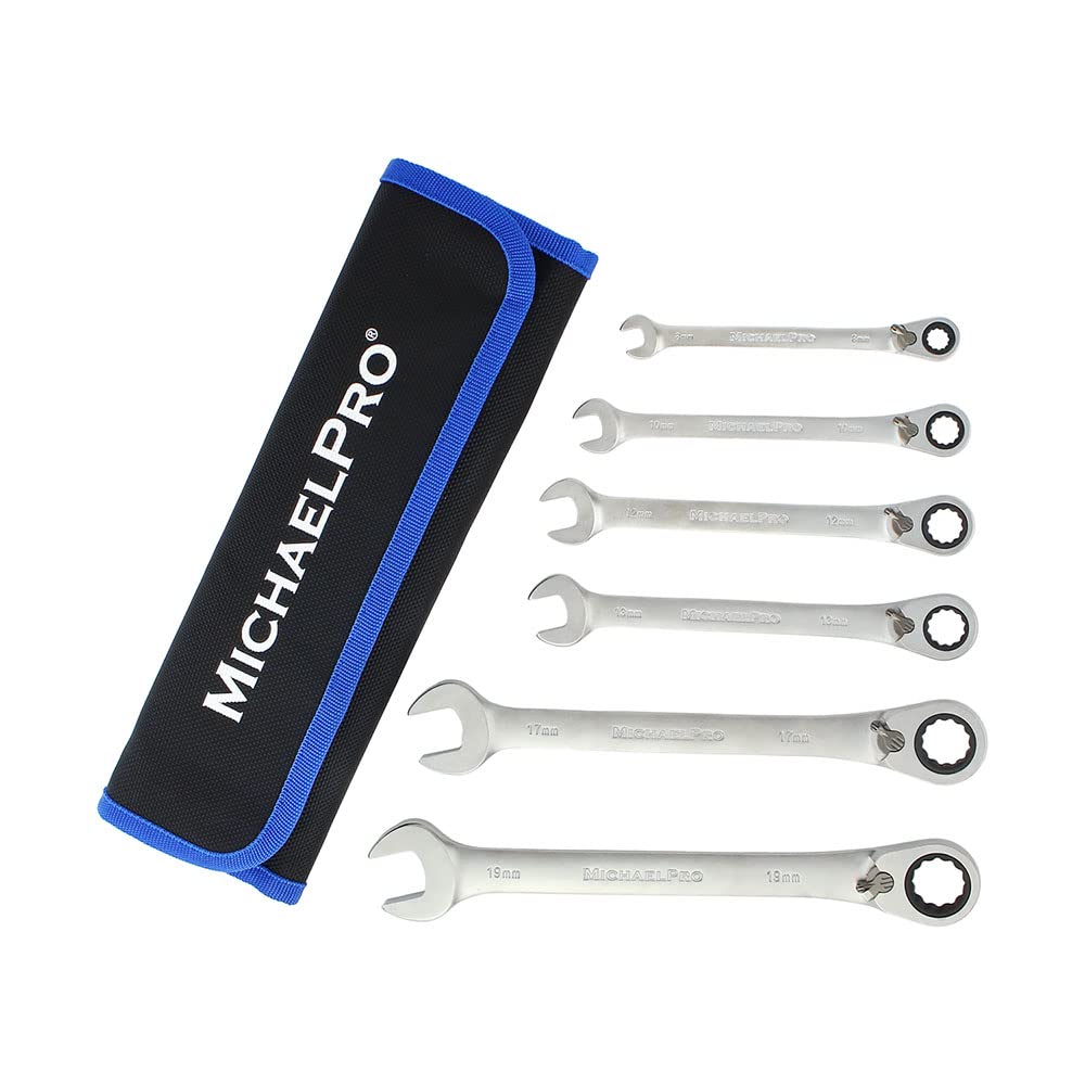 MichaelPro MP001139 6-Piece Reversible Ratchet Spanner Set, Wrench Set, Ratchet Spanner, Combination Spanner Set, Metric, with Roll Bag