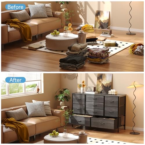 Flrrtenv Tall 9 Drawers Dresser Storage with Wood Top, TV Stand, Fabric Wide Storage Tower, Sturdy Steel Frame Storage Organizer Fit for Bedroom, Living Room, Hallway, Entryway, Closets, Black Oak