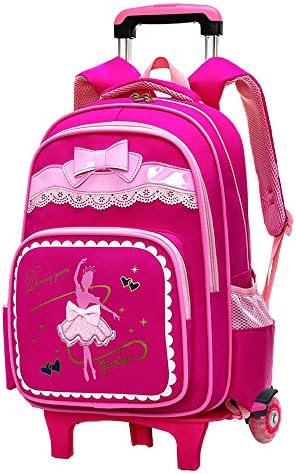 Bow-knot Dancing Girl Waterproof Elementary Trolley Rolling School Backpack Book Bag for Primary Girls Wheeled Backpack Carry On Luggage with Two Wheels