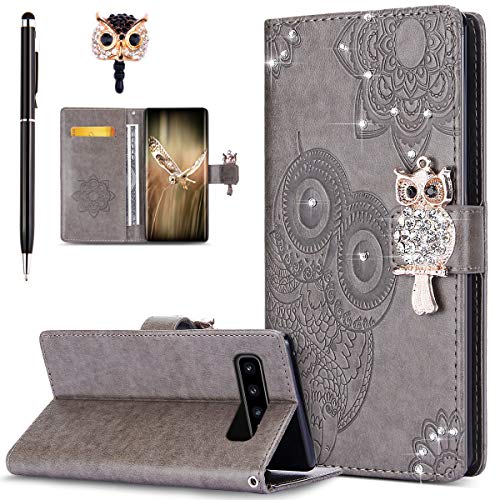 ikasus Case for Galaxy S10 Plus Cover,Bling Diamonds Glitter Embossing Mandala Owl PU Leather Fold Wallet Flip Stand Protective Case Cover + Dust Plug & Stylus for Galaxy S10 Plus Wallet Case,Gray - Thumbnail 2