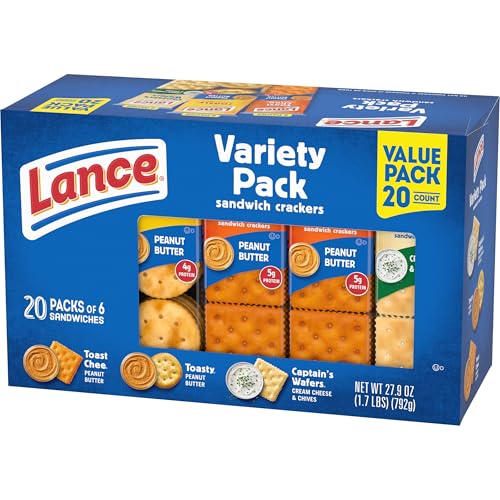 LANCE SANDWICH CRACKERS, VARIETY PACK, 3 FLAVORS, 20 INDIVIDUALLY WRAPPED PACKS, 6 SANDWICHES EACH