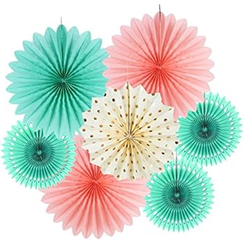 SUNBEAUTY Tissue Paper Fans Decorations Kit Wedding Bridal Shower Baby Shower Birthday Decoration Hanging Paper Honeycomb Decoration, Cream Mint Green Rose Pink 7pcs
