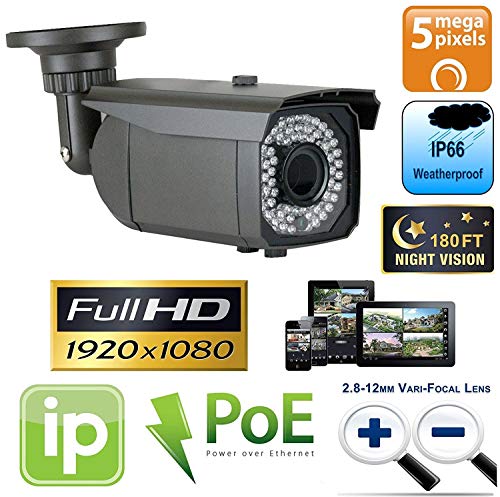 GW Security 5 Megapixel 2592 x 1920 Pixel HD 1920P Outdoor Network PoE Weatherproof 5MP Security IP Camera with 2.8-12mm Varifocal Zoom Len, 64-IR LED 180FT IR Distance (Certified Refurbished)