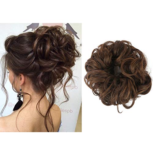 Curly Messy Hair Scrunchies Fake Bun Extensions Dark Brown Elastic Synthetic Hairpiece Hair Piece Scrunchy Curl Wrap Ponytail Tail Updo Accessories H2&4/30