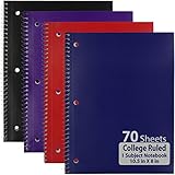 Emraw Single Subject Notebook Spiral with 70 Sheets of College Ruled White Paper - Set Includes: Red, Black, Purple, &amp; Blue Covers (4 Pack)
