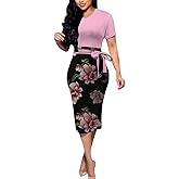 BOGURST Women Midi Bodycon Dress Work Casual Cute Floral Prints Pencil Dresses