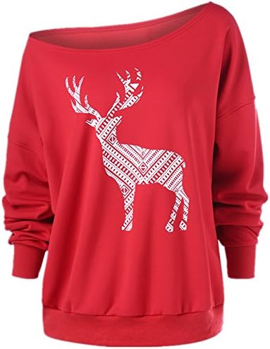 Taiduosheng Women Plus Size Merry Christmas Sweatshirt T Shirt Off-Shoulder Cotton Long Sleeve Xmas Blouse Tops