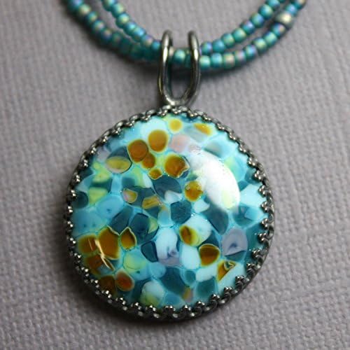 Blue Green Lampwork Glass Pendant in Sterling Silver-Adj 16" to 18"