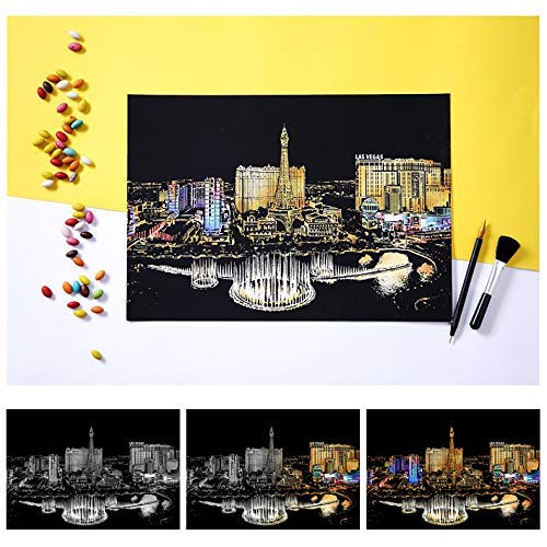 Ageqi Scratch Art Paper Rainbow Painting Sketch Pad for Adult and Kids, DIY Night View Scratchboard - 16'' x 11.2'' with 3 Tools (Las Vegas)
