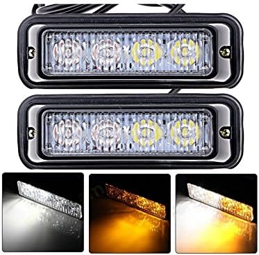 Amber &amp; White 4-LED Warning Lights GLiving Waterproof Emergency Beacon Flash Caution Strobe Light bar 16 Different Flashing for Car SUV Vans Pickup Truck with DC 12V (2 pcs)